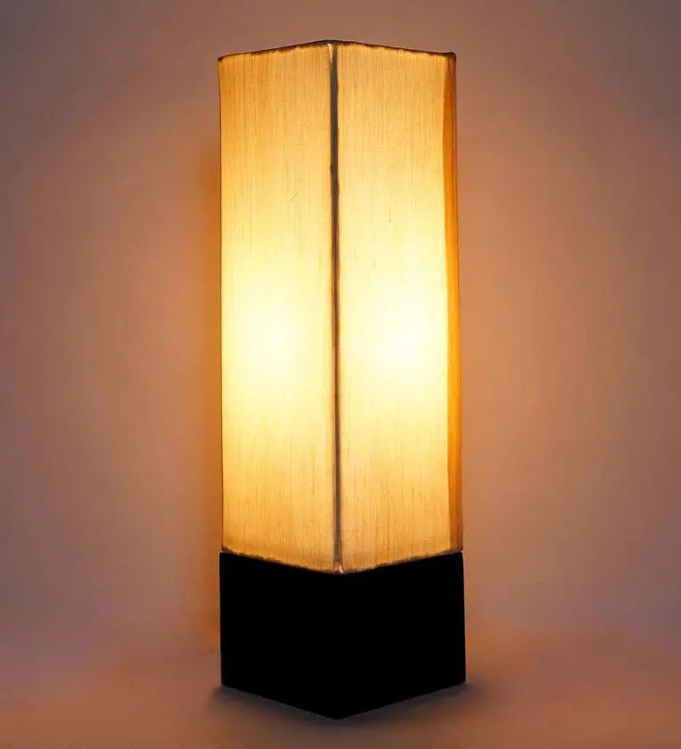 Wooden Base Table Lamp with Sloping Beige Fabric Shade DECORMANTRA