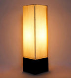 Wooden Base Table Lamp with Sloping Beige Fabric Shade DECORMANTRA