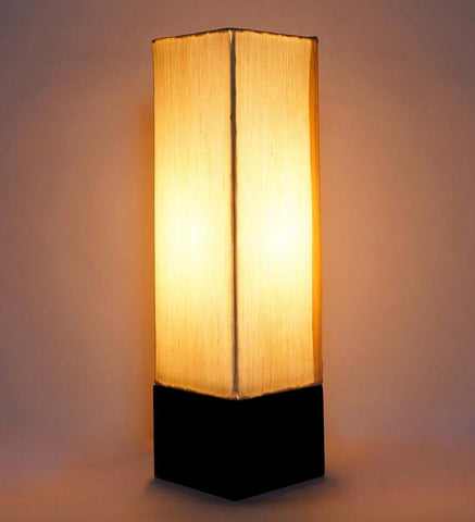 Wooden Base Table Lamp with Sloping Beige Fabric Shade