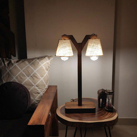 Table Lamp with Jute Shade and Wooden Brown Base