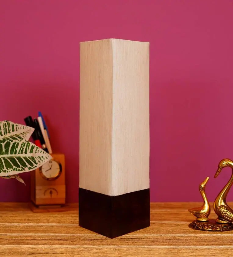 Wooden Base Table Lamp with Sloping Beige Fabric Shade DECORMANTRA