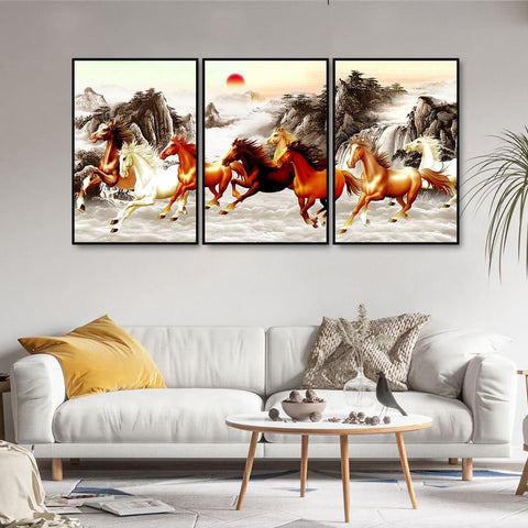 Beautiful Running Horses at Sunset Floating Canvas Wall Painting Set of 3 - Decor Mantra 