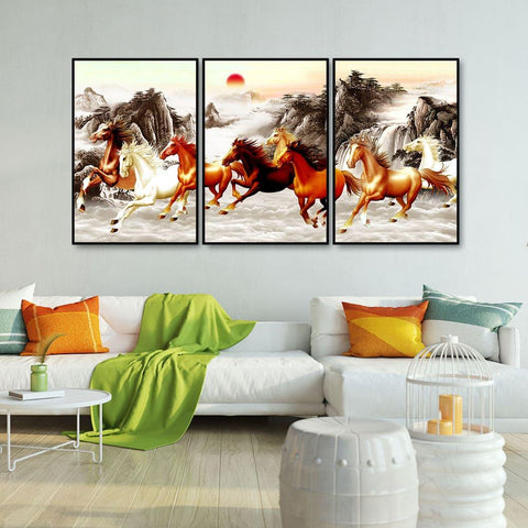 Beautiful Running Horses at Sunset Floating Canvas Wall Painting Set of 3 - Decor Mantra 