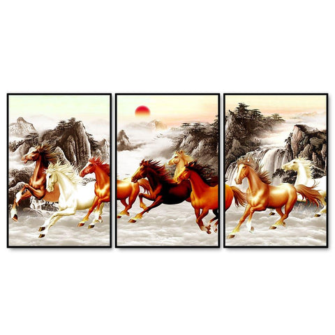 Beautiful Running Horses at Sunset Floating Canvas Wall Painting Set of 3 - Decor Mantra 