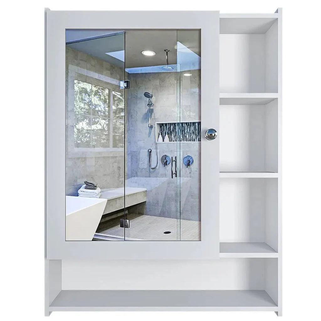 Aesthetic Design Spacious Wooden Bathroom Mirror Cabinet with 6 Shelves with White Finish - Decor Mantra 