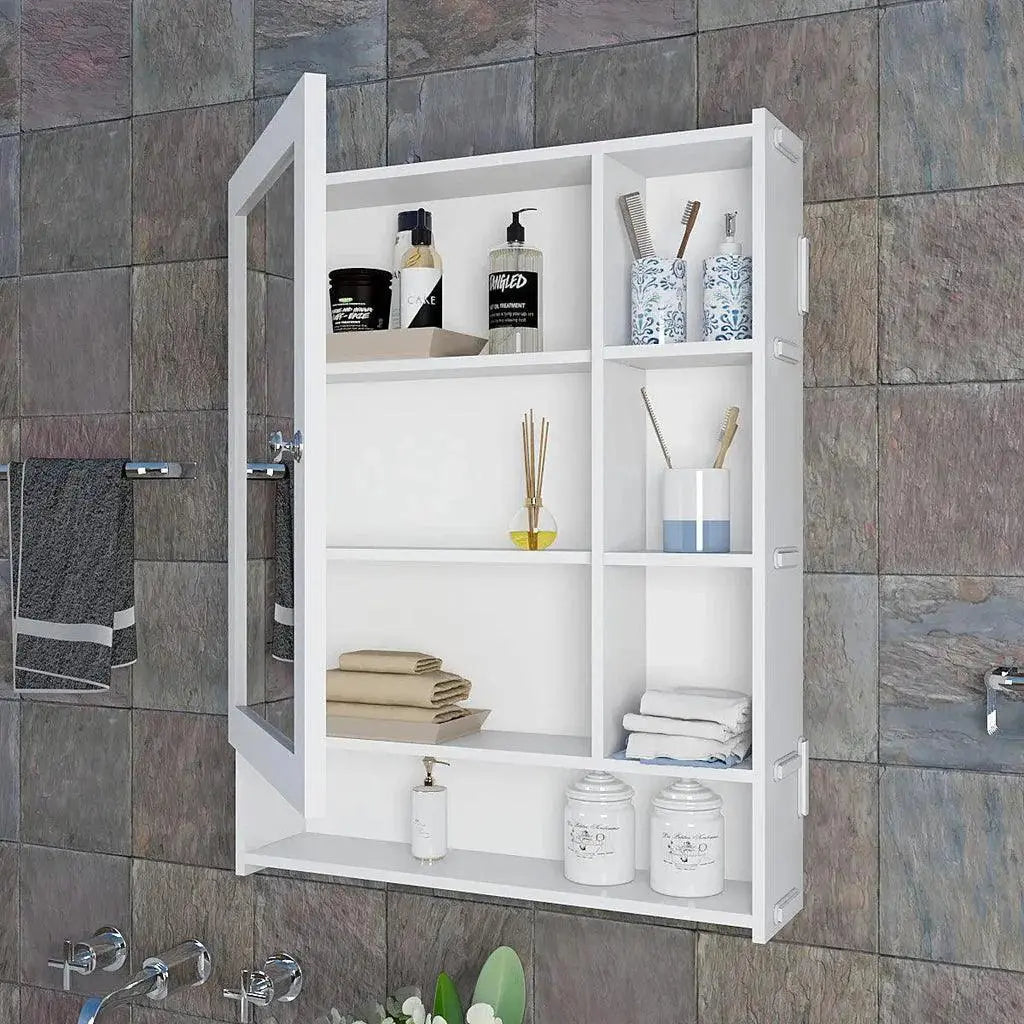 Aesthetic Design Spacious Wooden Bathroom Mirror Cabinet with 6 Shelves with White Finish - Decor Mantra 