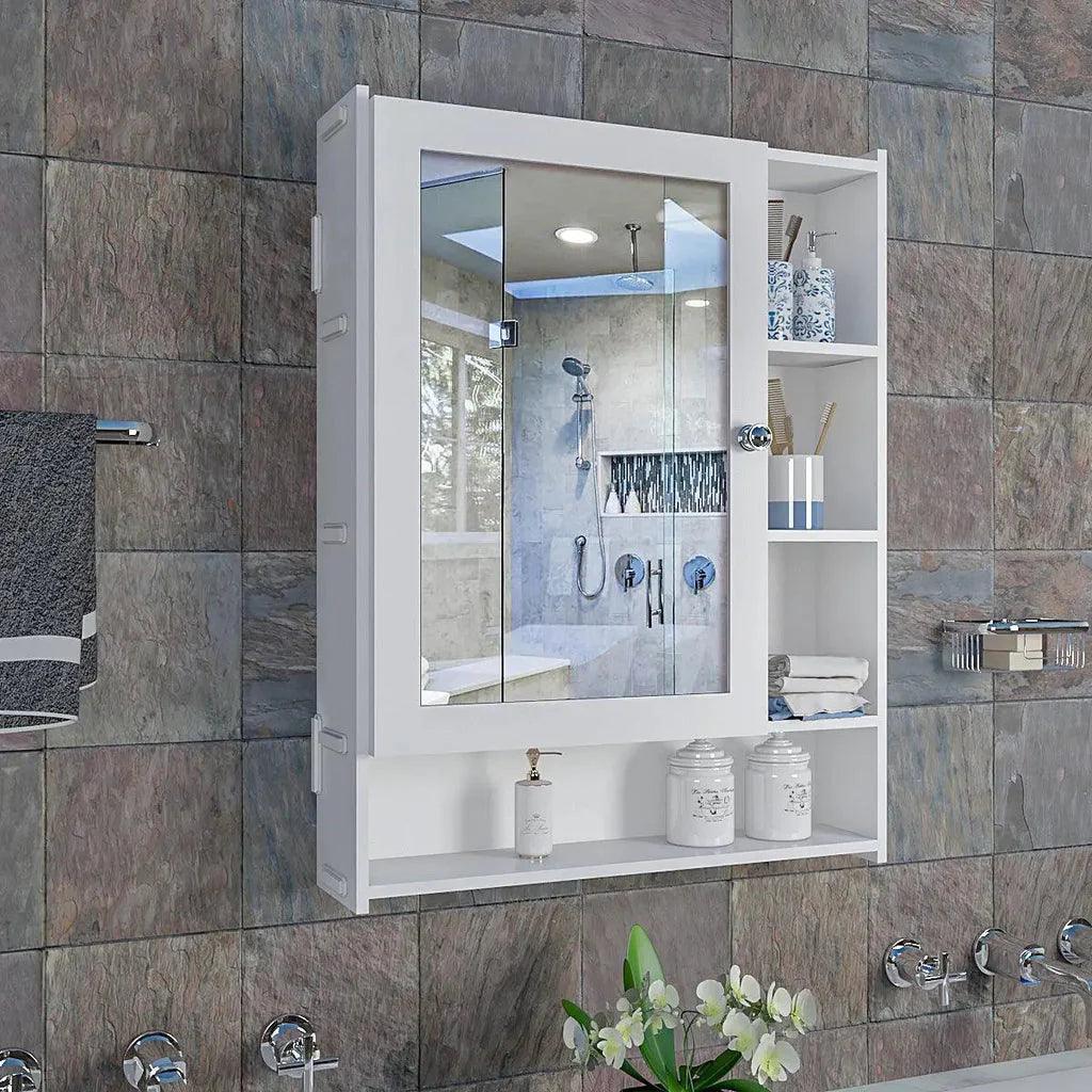 Aesthetic Design Spacious Wooden Bathroom Mirror Cabinet with 6 Shelves with White Finish - Decor Mantra 