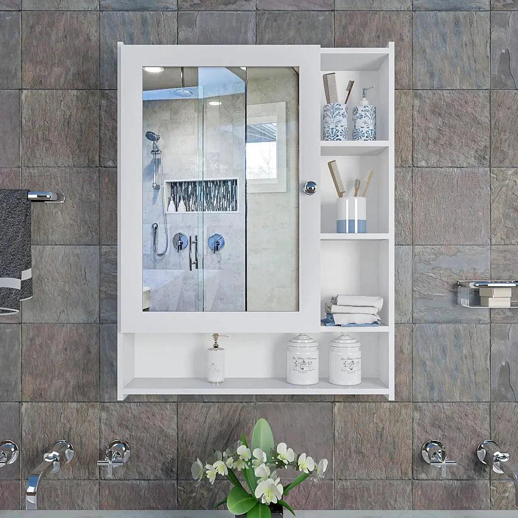 Aesthetic Design Spacious Wooden Bathroom Mirror Cabinet with 6 Shelves with White Finish - Decor Mantra 