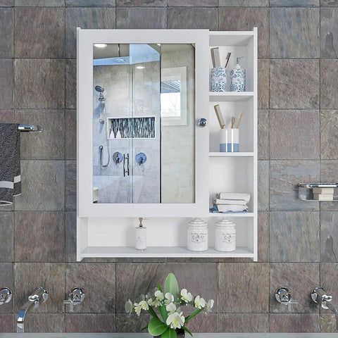 Aesthetic Design Spacious Wooden Bathroom Mirror Cabinet with 6 Shelves with White Finish - Decor Mantra 