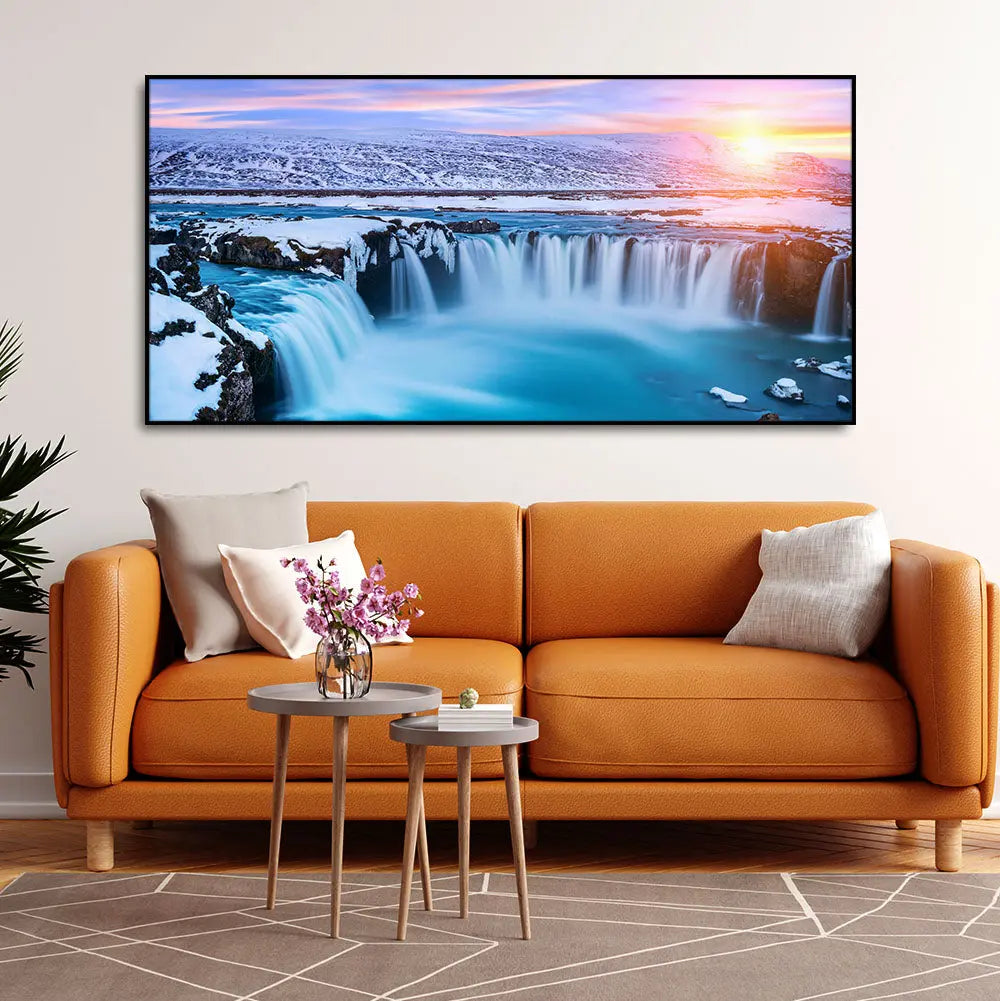 Amazing Godafoss Waterfall in Winter Premium Canvas Wall Painting Harshita Crafts