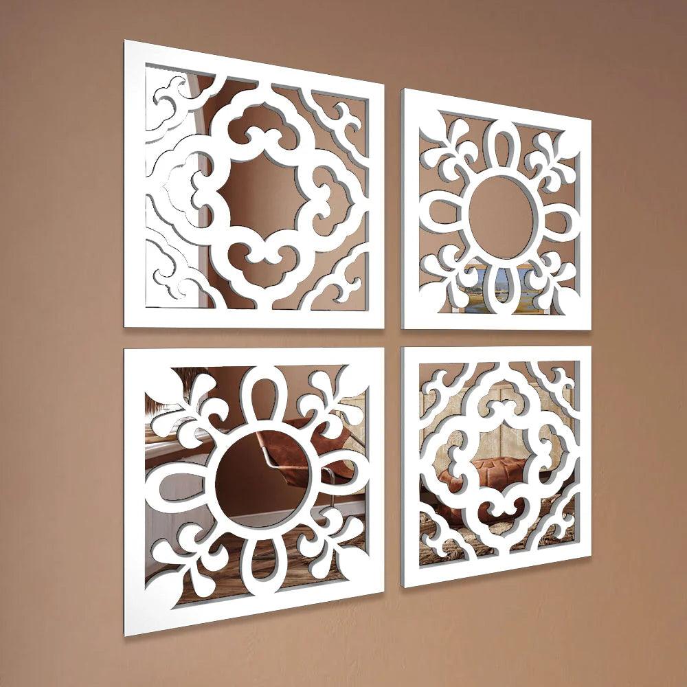 Ancient Arabic Wooden Design Mirror Wall Art Set of 4 - Decor Mantra 