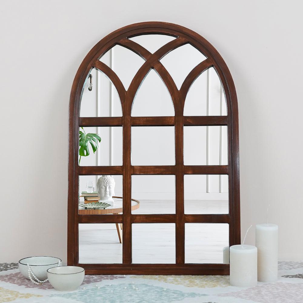 Arched Motif Window Frame Wooden Mirror - Decor Mantra 