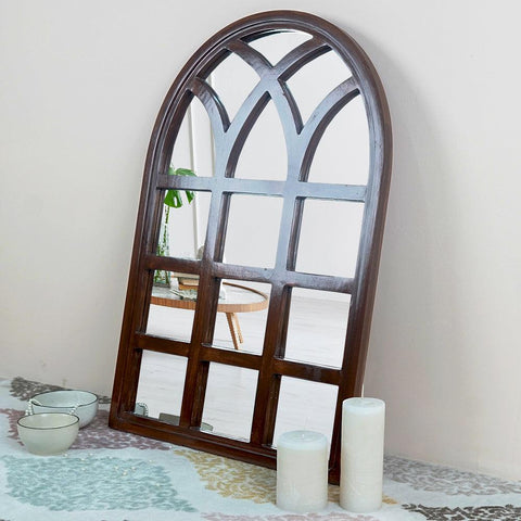 Arched Motif Window Frame Wooden Mirror - Decor Mantra 