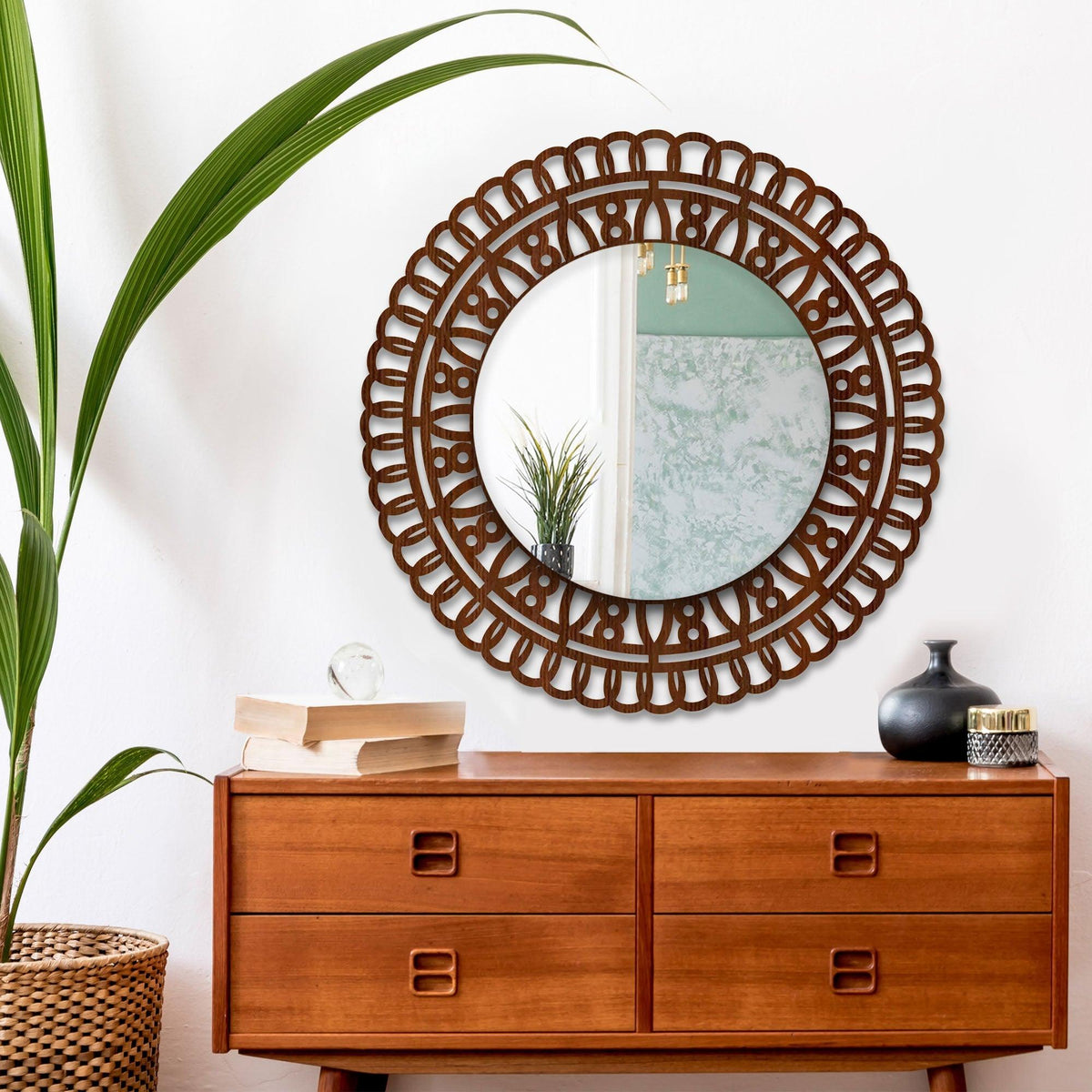 Artistic Designer Round Shape Wall Mirror with Wooden Frame - Decor Mantra 