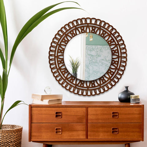 Artistic Designer Round Shape Wall Mirror with Wooden Frame - Decor Mantra 