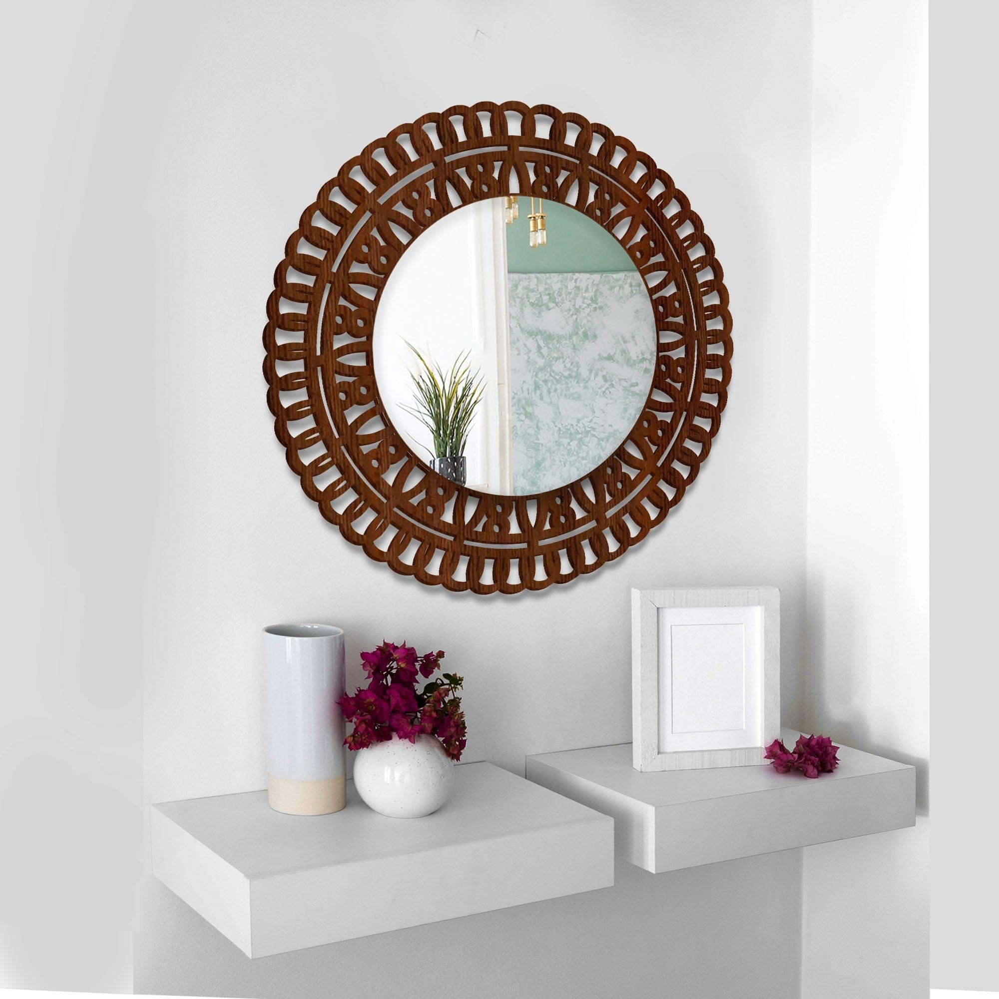 Artistic Designer Round Shape Wall Mirror with Wooden Frame - Decor Mantra 
