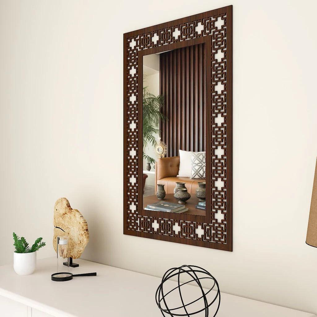 Beautiful Antique Rectangle Vanity Wooden Mirror with Walnut Finish - Decor Mantra 