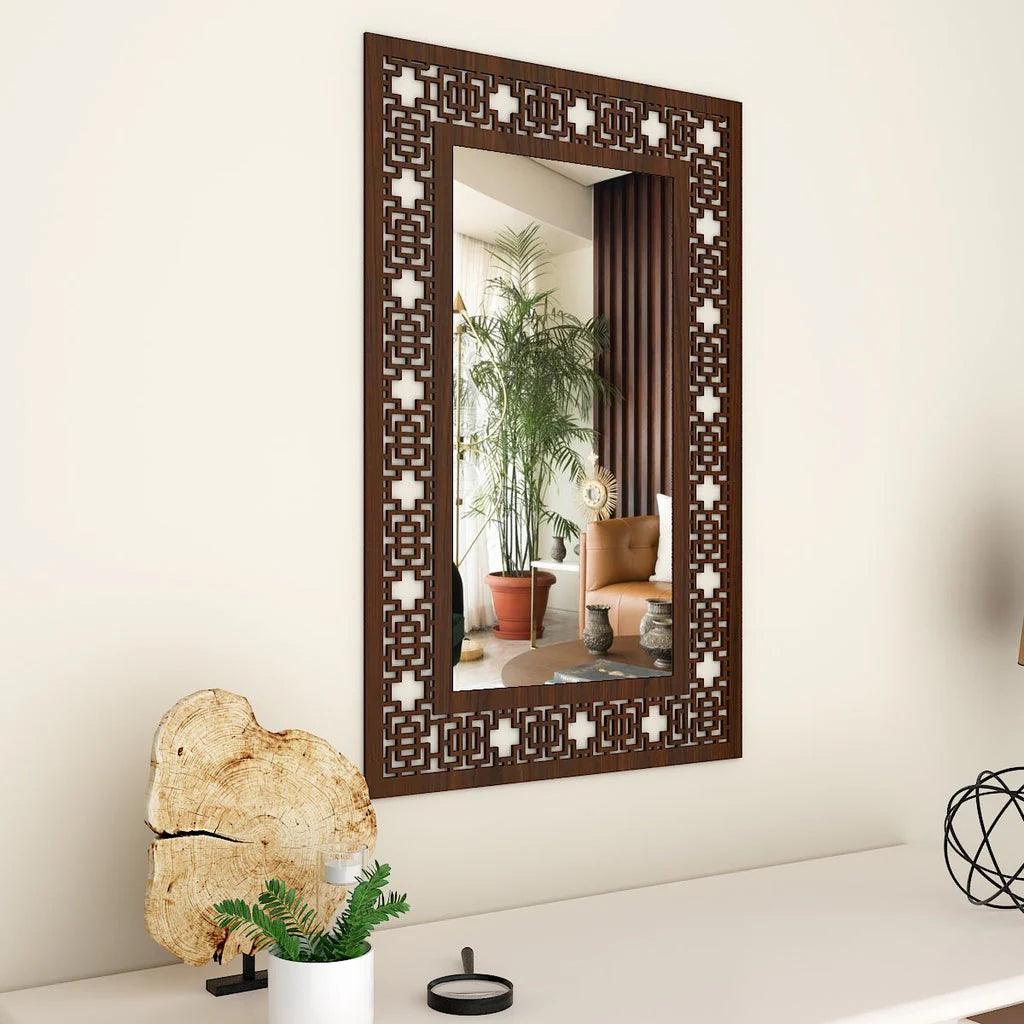 Beautiful Antique Rectangle Vanity Wooden Mirror with Walnut Finish - Decor Mantra 