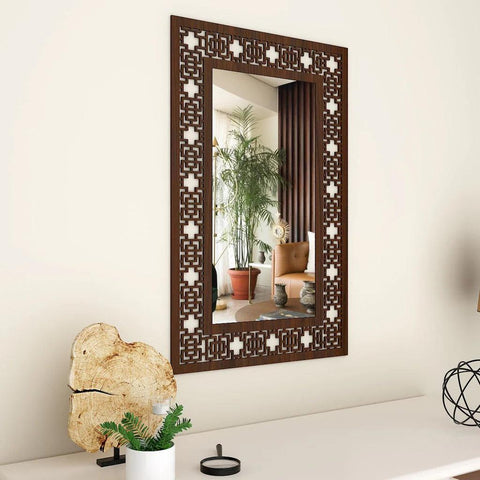 Beautiful Antique Rectangle Vanity Wooden Mirror with Walnut Finish - Decor Mantra 