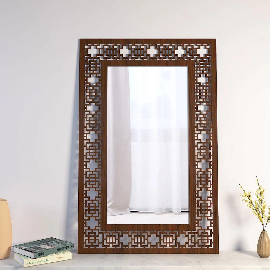 Beautiful Antique Rectangle Vanity Wooden Mirror with Walnut Finish - Decor Mantra 