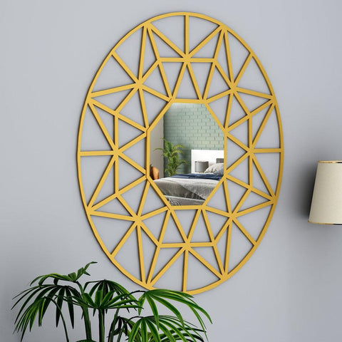 Beautiful Decorative Vanity Wooden Mirror with Golden Finish Frame - Decor Mantra 
