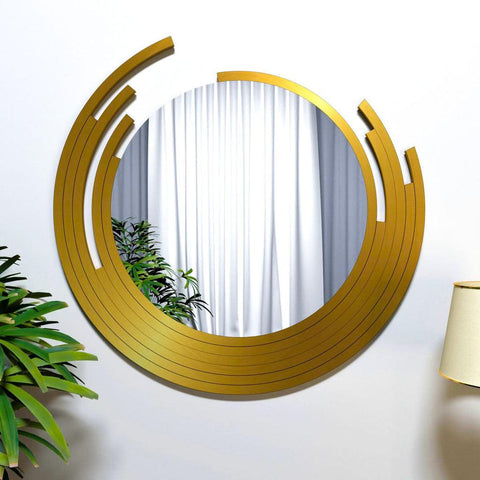 Beautiful Decorative Wooden Wall Mirror Round Shape with Golden Finish Frame - Decor Mantra 