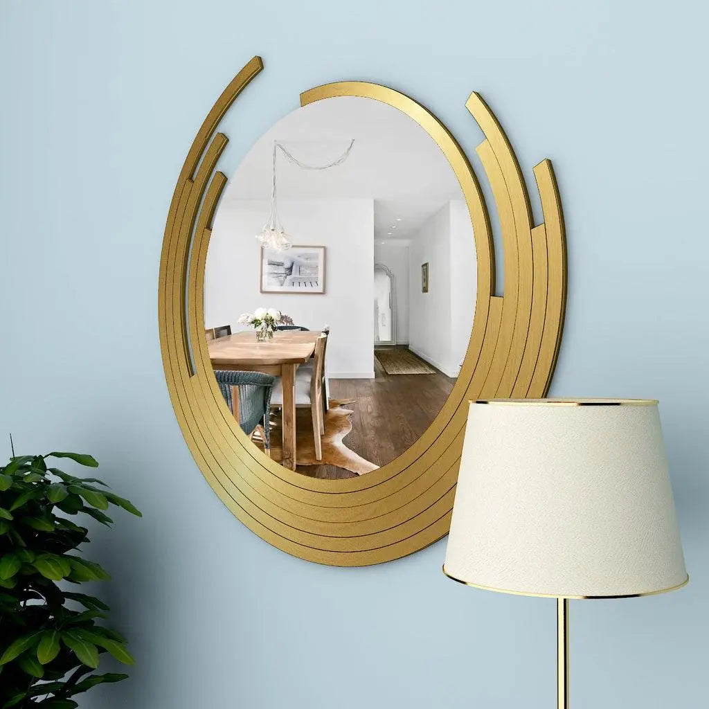 Beautiful Decorative Wooden Wall Mirror Round Shape with Golden Finish Frame - Decor Mantra 