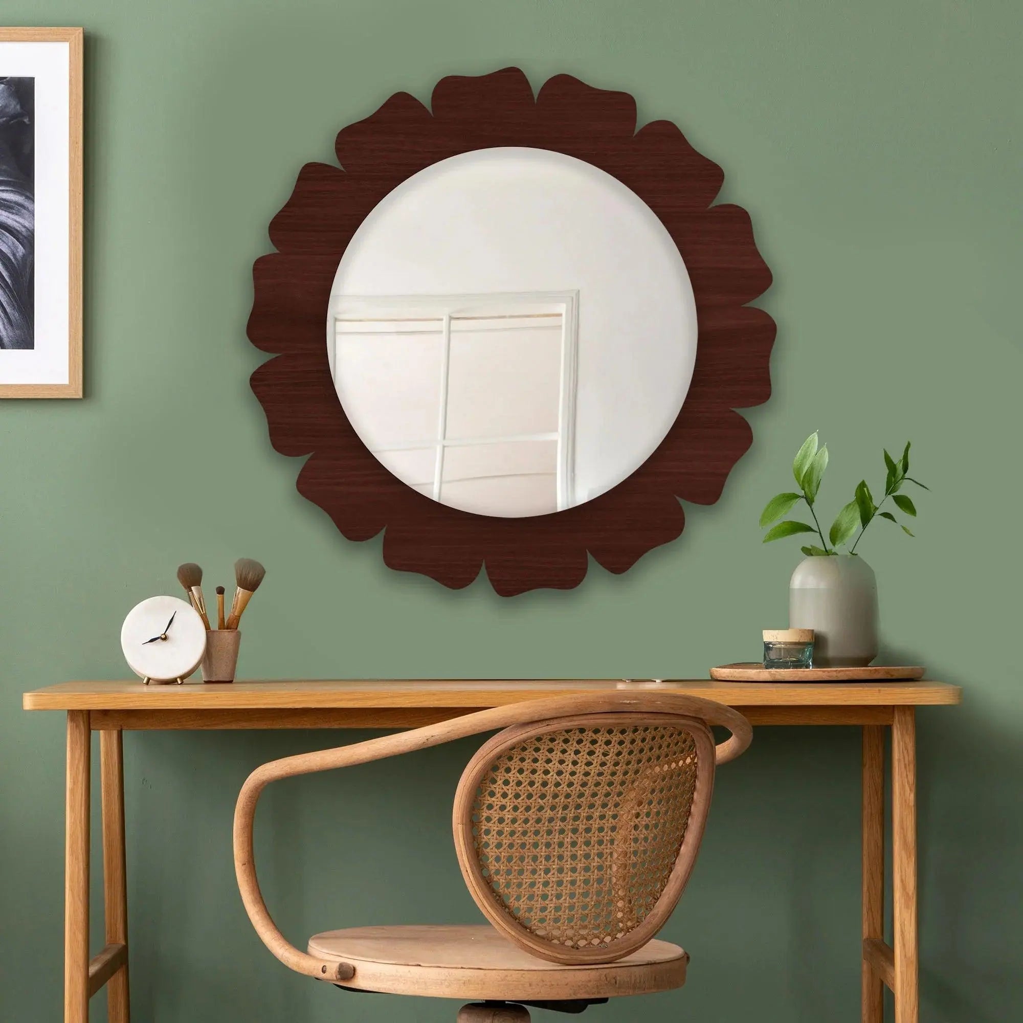 Beautiful Floral Flower Shape Design Art Wooden Wall Mirror - Decor Mantra 