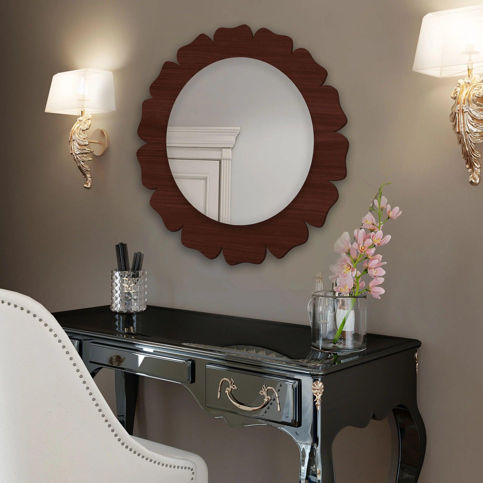 Beautiful Floral Flower Shape Design Art Wooden Wall Mirror - Decor Mantra 