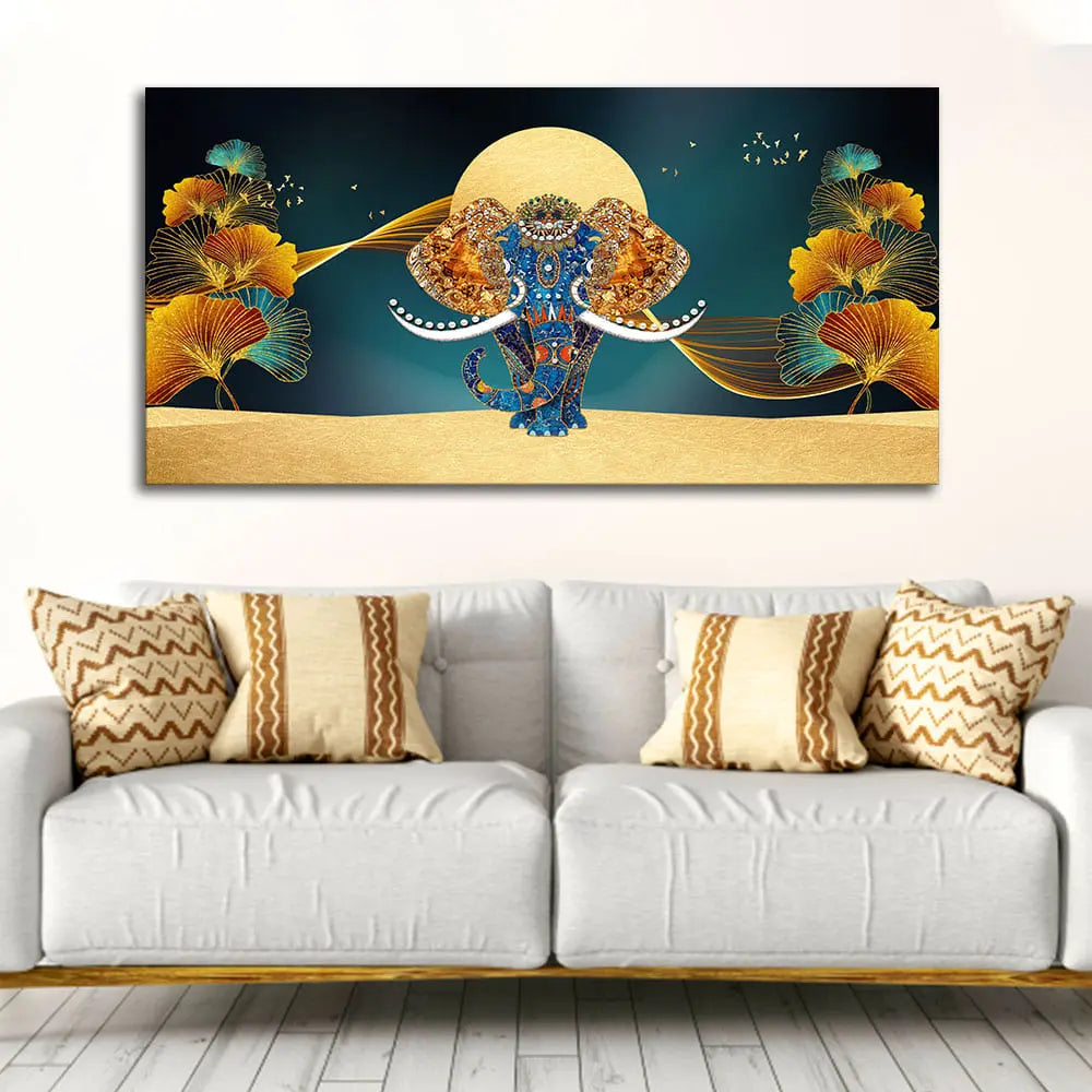 Beautiful Golden Flowers with Elephant Premium Canvas Wall Painting Decor Mantra