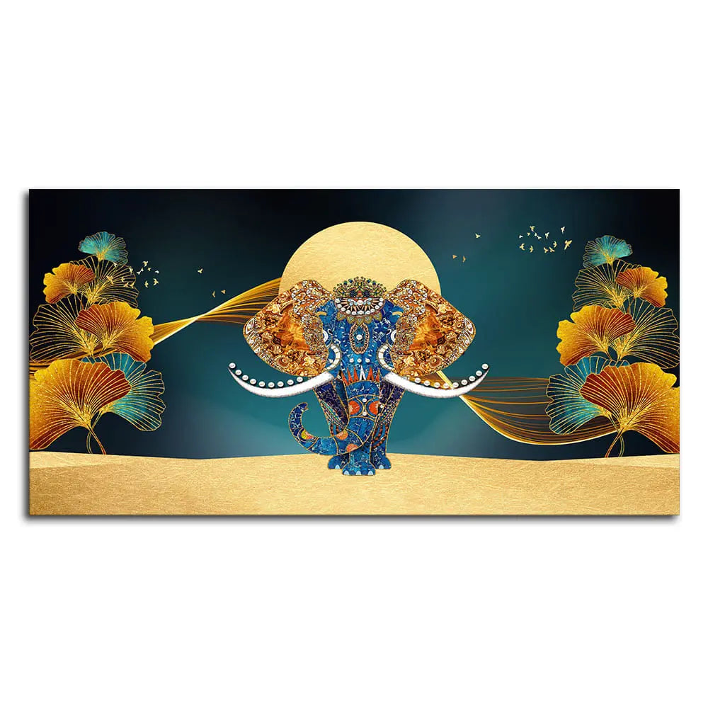 Beautiful Golden Flowers with Elephant Premium Canvas Wall Painting Decor Mantra