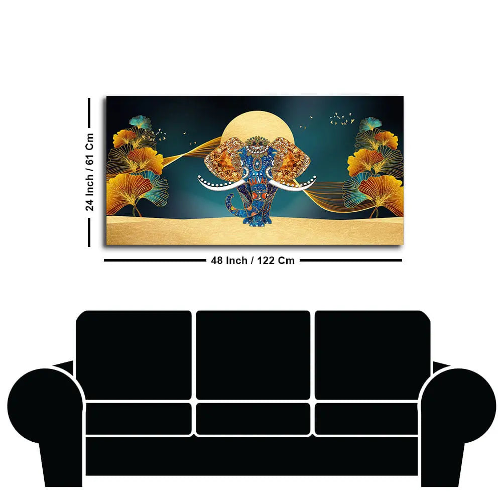 Beautiful Golden Flowers with Elephant Premium Canvas Wall Painting Decor Mantra