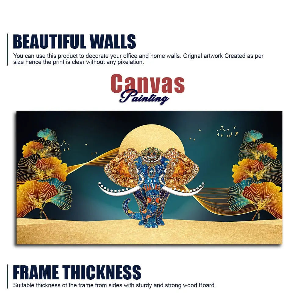 Beautiful Golden Flowers with Elephant Premium Canvas Wall Painting Decor Mantra