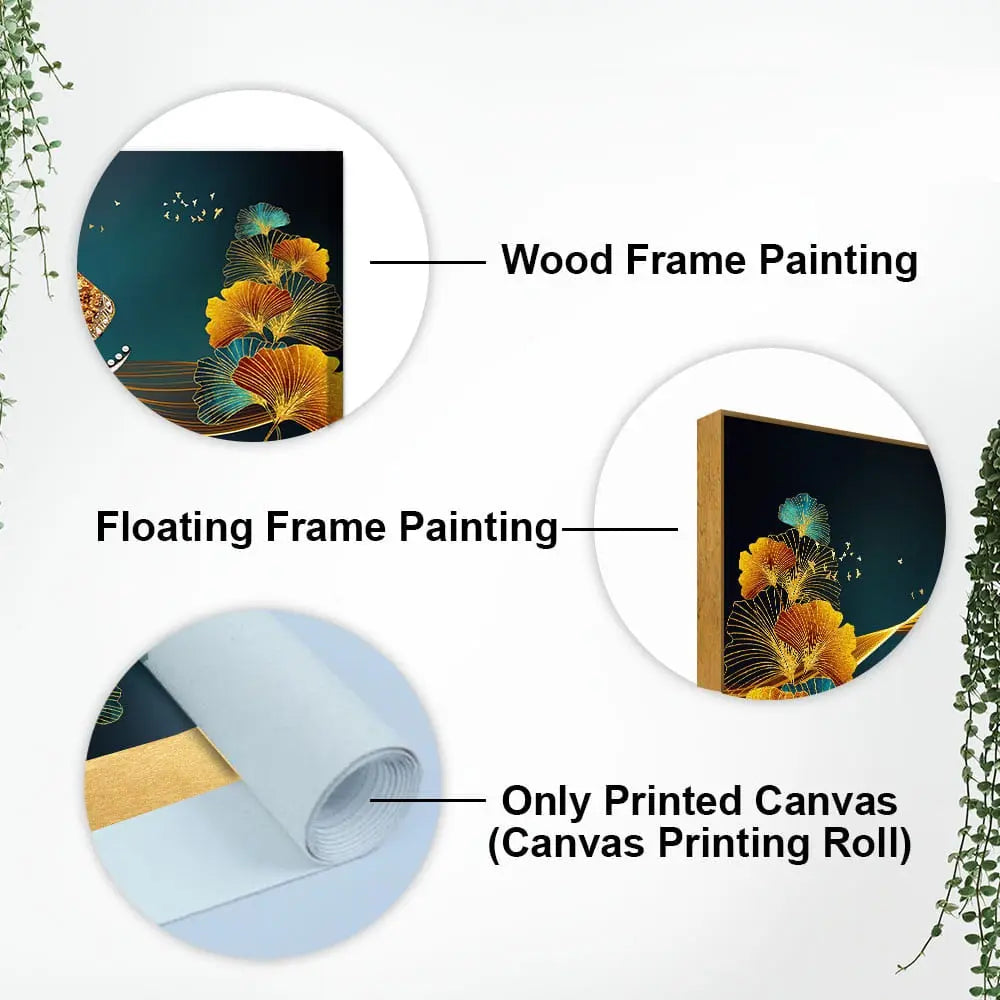 Beautiful Golden Flowers with Elephant Premium Canvas Wall Painting Decor Mantra