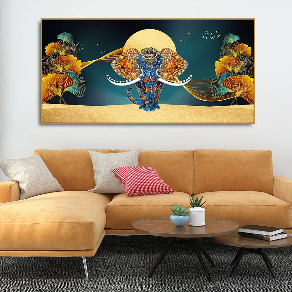 Beautiful Golden Flowers with Elephant Premium Canvas Wall Painting Decor Mantra