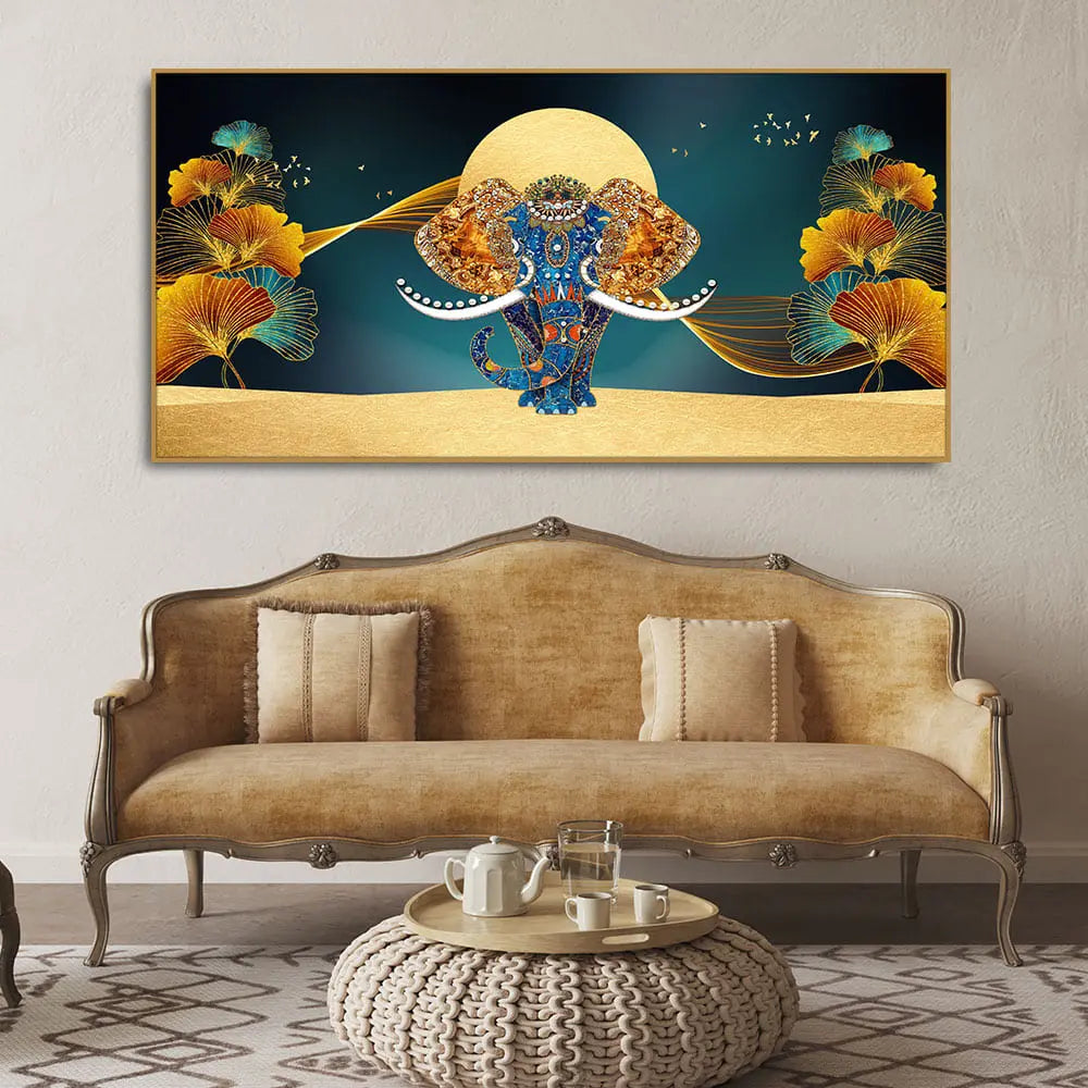 Beautiful Golden Flowers with Elephant Premium Canvas Wall Painting Decor Mantra