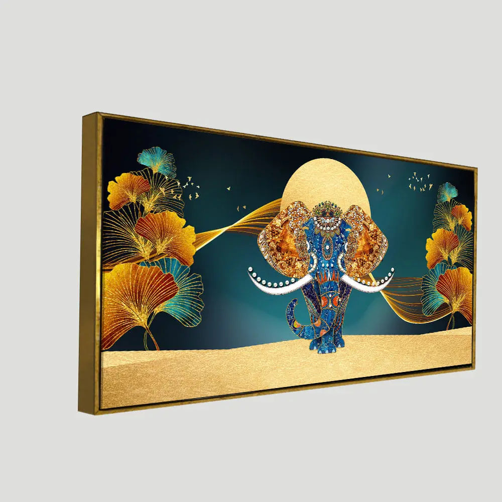 Beautiful Golden Flowers with Elephant Premium Canvas Wall Painting Decor Mantra
