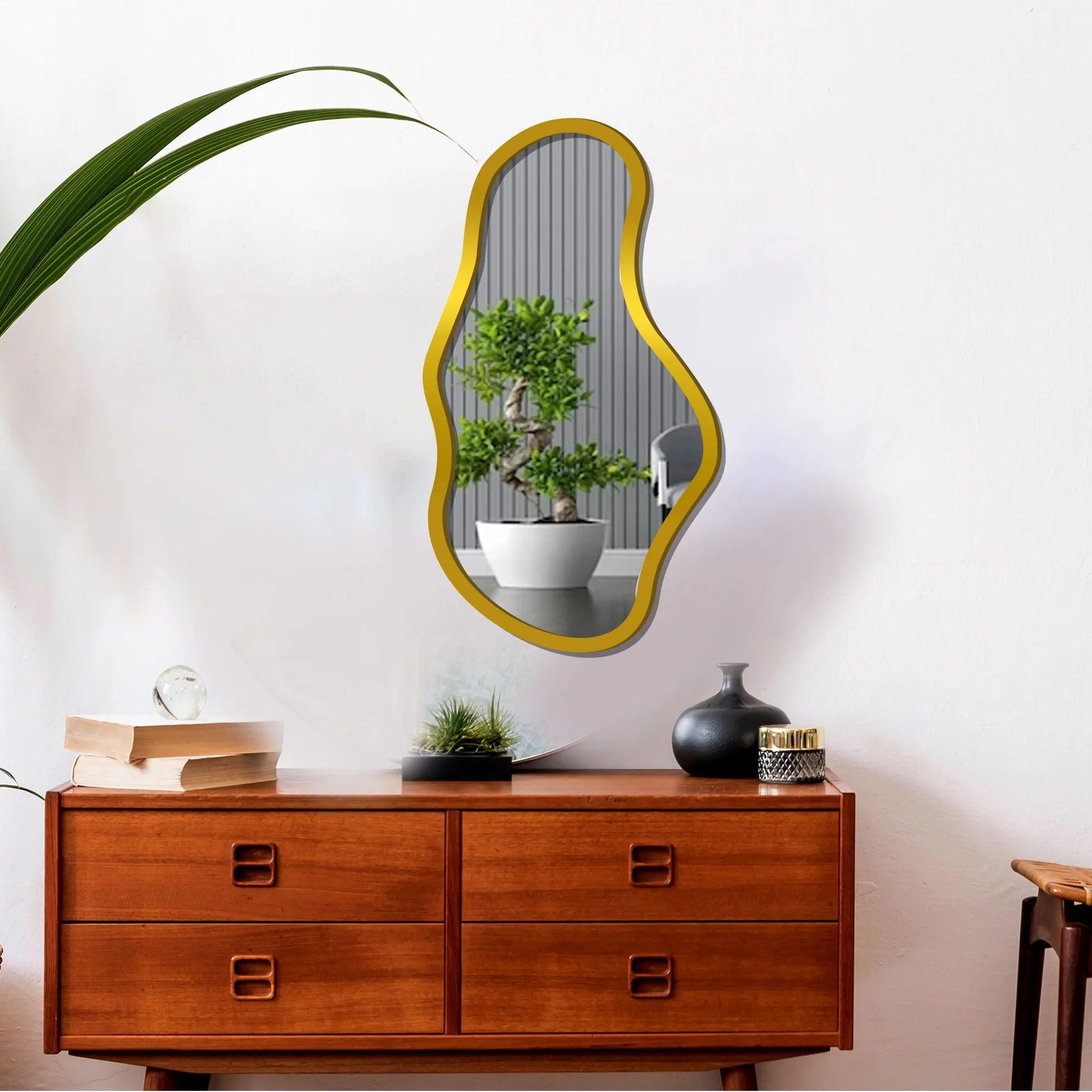 Beautiful Golden Wavy Shape Wooden Golden Finish Wooden Vanity Mirror - Decor Mantra 