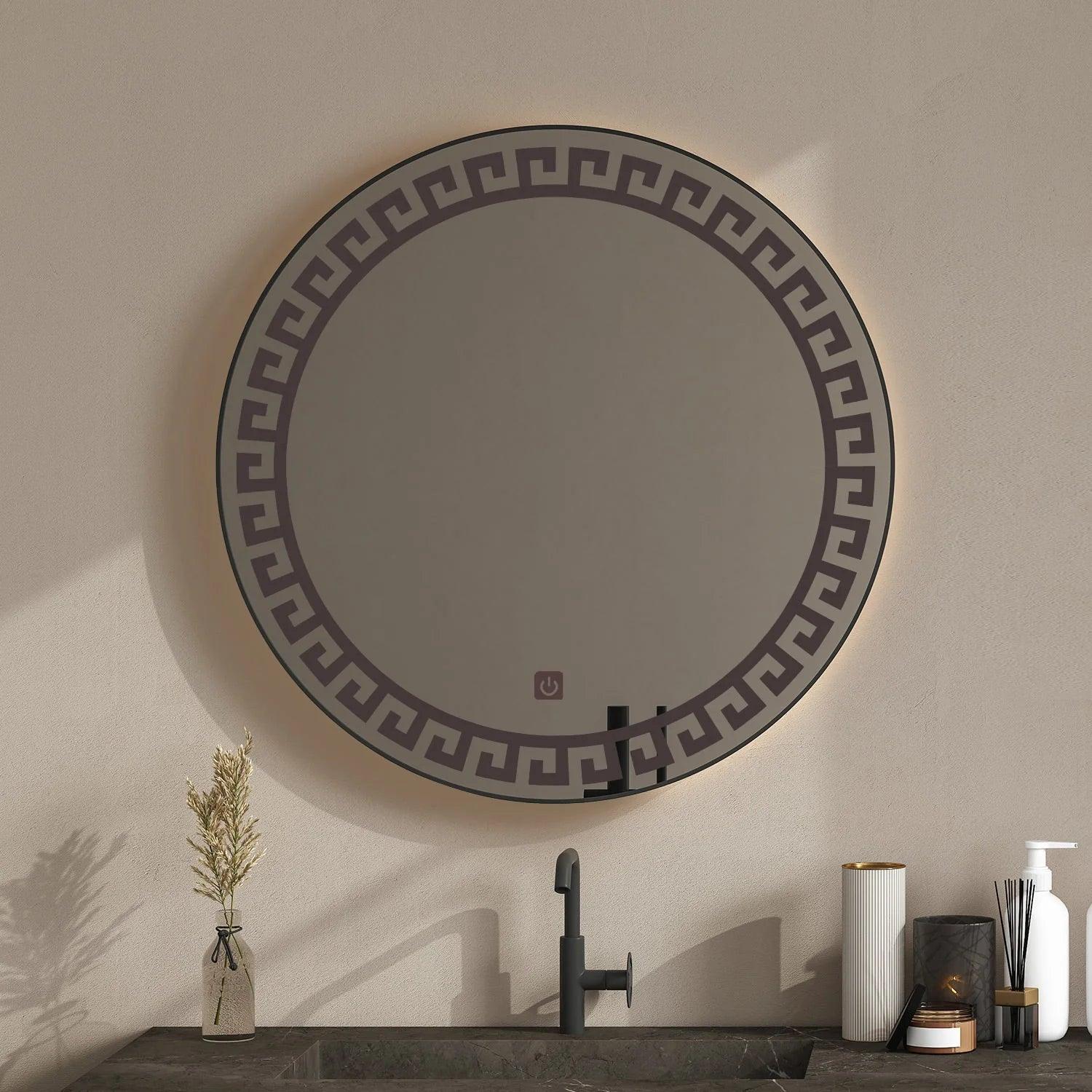 Beautiful Greek Key Motif Designer LED Round Shape Bathroom Mirror - Decor Mantra 