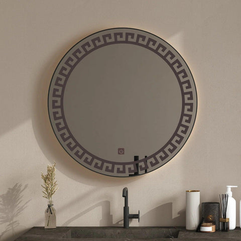 Beautiful Greek Key Motif Designer LED Round Shape Bathroom Mirror - Decor Mantra 