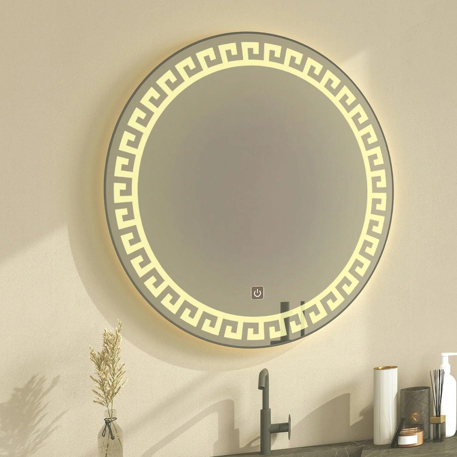 Beautiful Greek Key Motif Designer LED Round Shape Bathroom Mirror - Decor Mantra 
