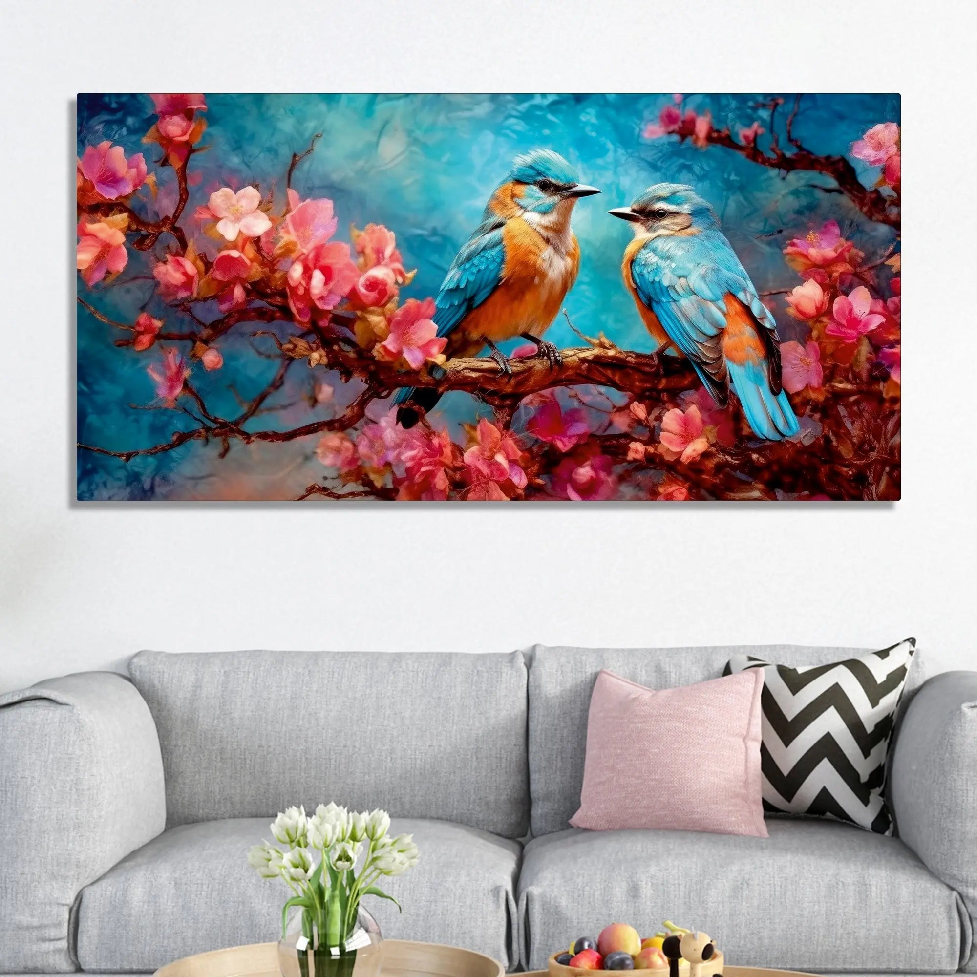 Beautiful Love Birds on a Branch with Pink Flowers Canvas Wall Painting Harshita Crafts