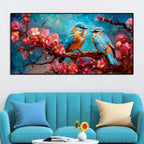 Beautiful Love Birds on a Branch with Pink Flowers Canvas Wall Painting Harshita Crafts