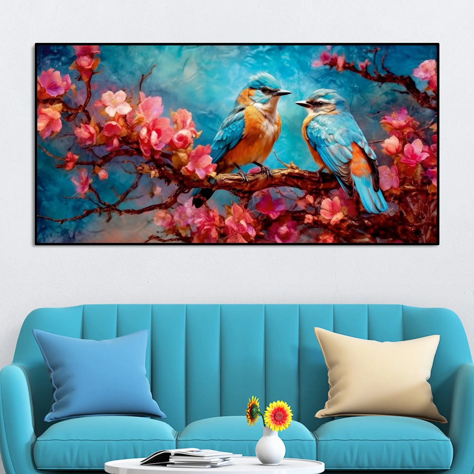 Beautiful Love Birds on a Branch with Pink Flowers Canvas Wall Painting Harshita Crafts