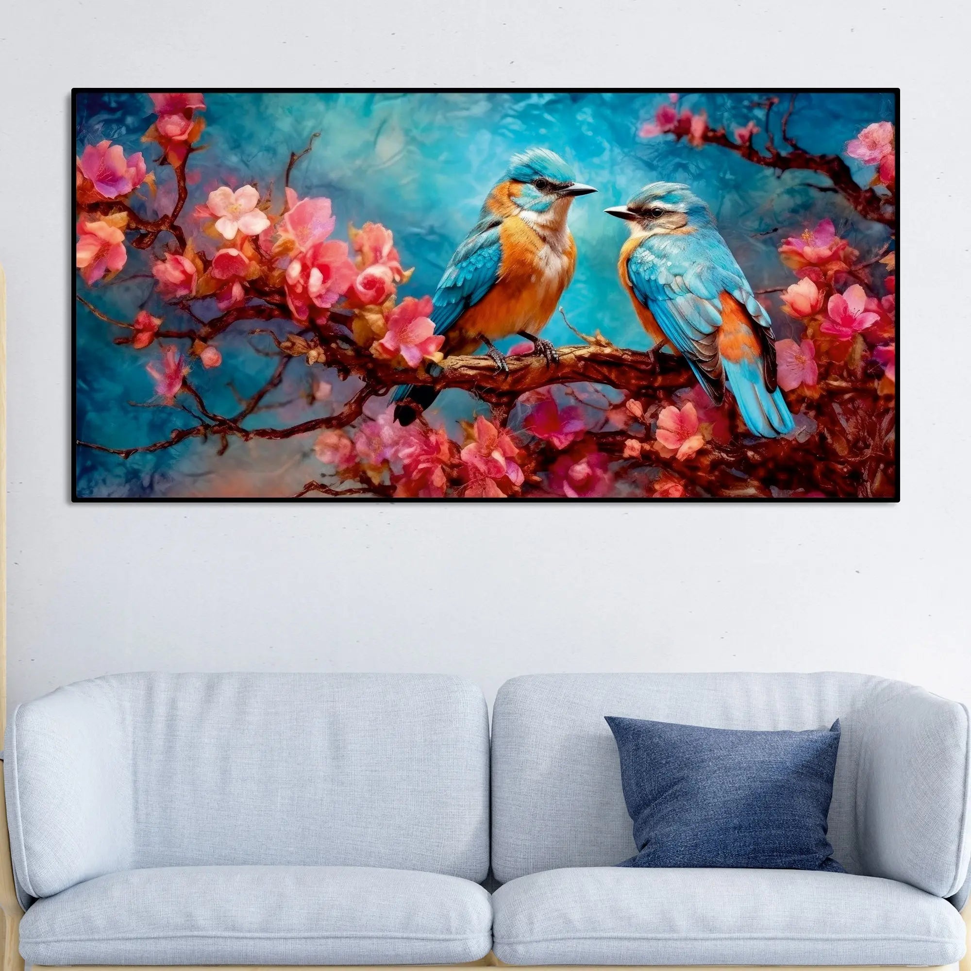 Beautiful Love Birds on a Branch with Pink Flowers Canvas Wall Painting Harshita Crafts