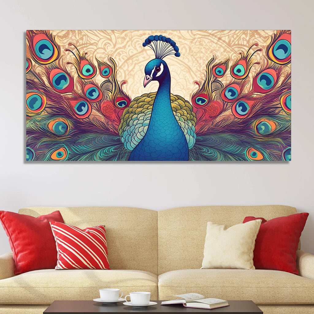 Beautiful Peacock in Traditional Style Canvas Wall Painiting Harshita Crafts