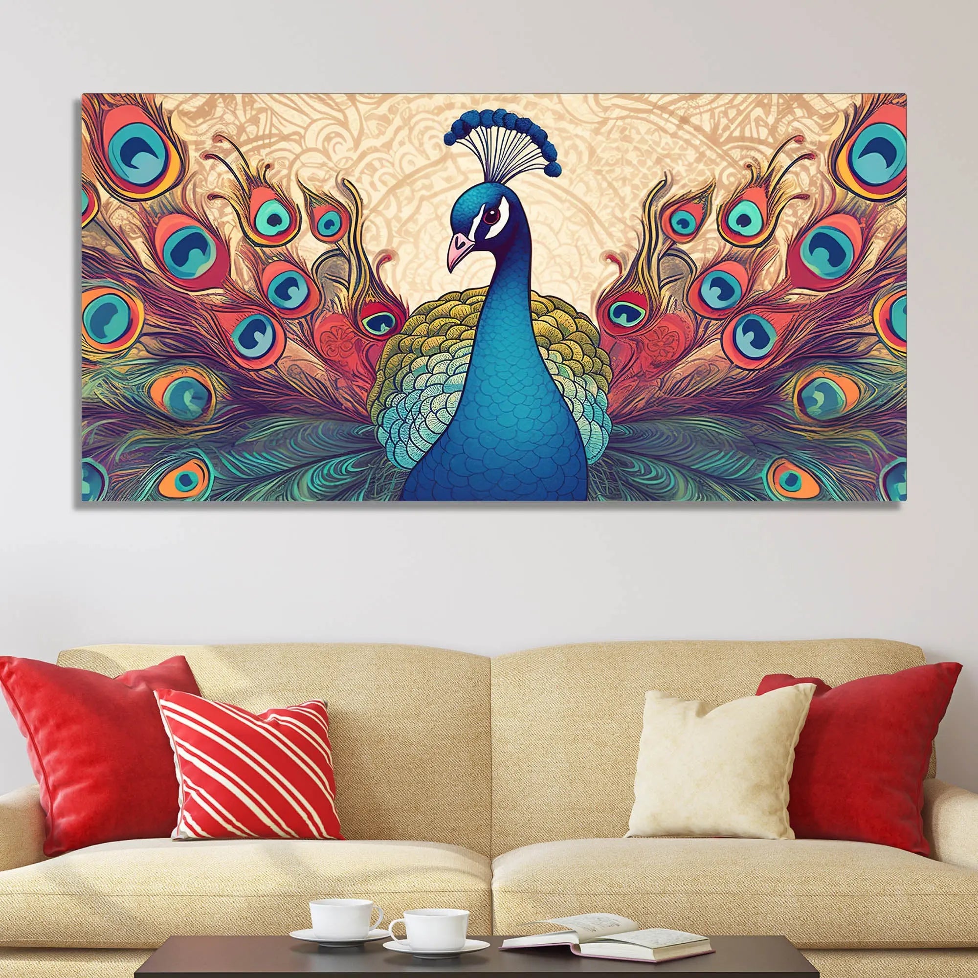 Beautiful Peacock in Traditional Style Canvas Wall Painiting Harshita Crafts