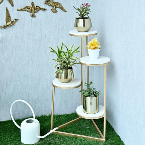 Beautiful Premium Looking Sturdy Metal Planter Stand With White Round Marble At Top - 4 Tier - Decor Mantra 