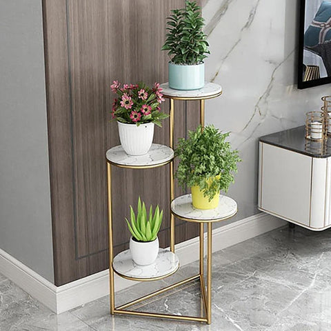 Beautiful Premium Looking Sturdy Metal Planter Stand With White Round Marble At Top - 4 Tier - Decor Mantra 