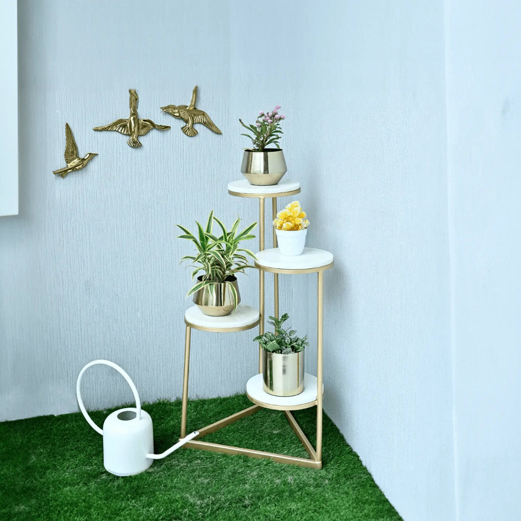 Beautiful Premium Looking Sturdy Metal Planter Stand With White Round Marble At Top - 4 Tier - Decor Mantra 